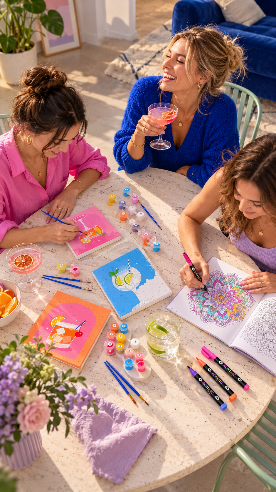 Three friends painting cocktail canvases and colouring mandalas with HelloCraft supplies