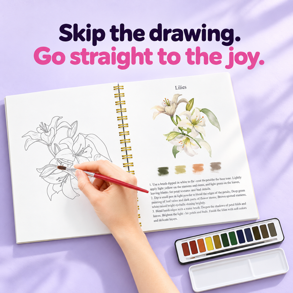 Painting a pre-drawn watercolour page, palette beside the workbook