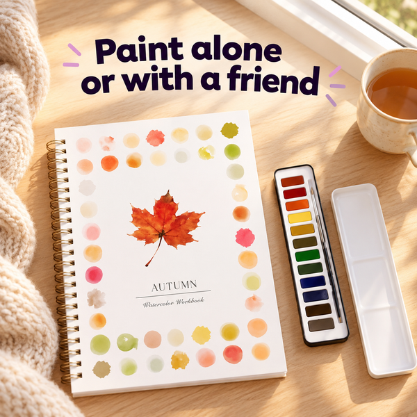 Autumn workbook with palette and a cup of tea