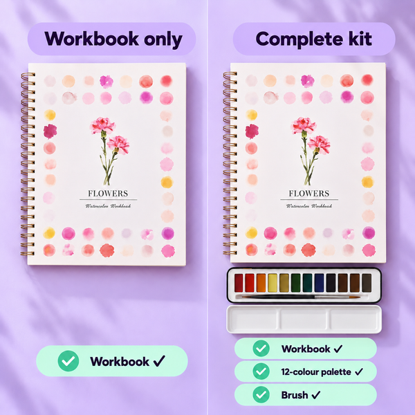 Workbook only, or complete kit with 12-colour palette and brush