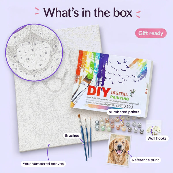 What's in the box: numbered canvas, numbered paints, 3 brushes, reference print and wall hooks in the DIY gift box
