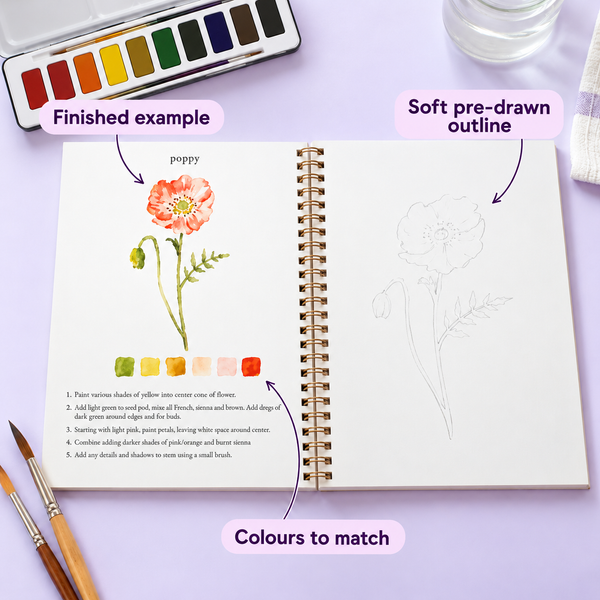 Poppy page with soft pre-drawn outline and finished example