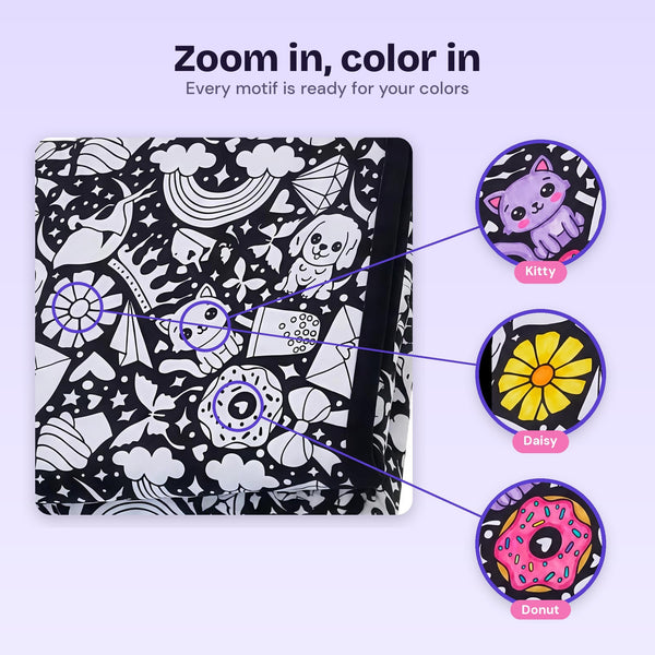 Zoom on the blanket: a kitty, a daisy and a donut colored in