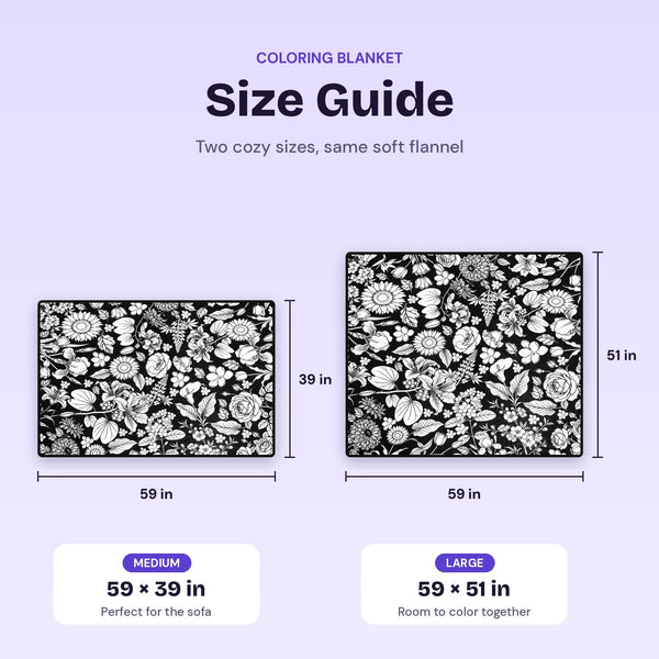 Size guide: Medium 59 x 39 in, Large 59 x 51 in
