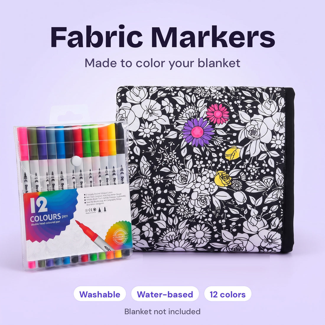 Washable fabric markers, 12 colors. Blanket not included